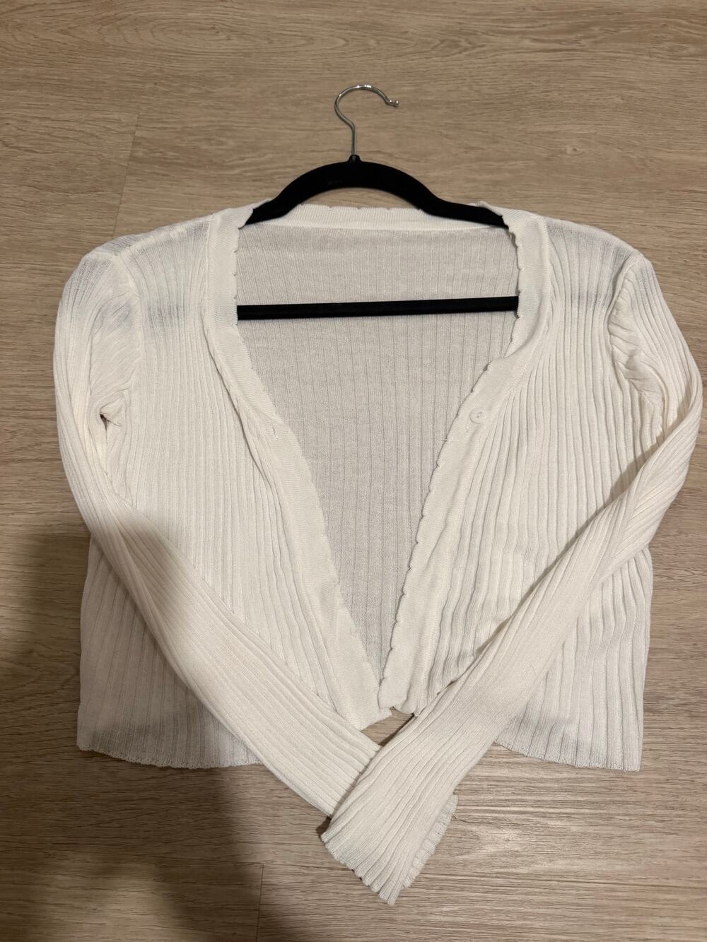 White Ribbed Knit Cropped Cardigan Long Sleeve